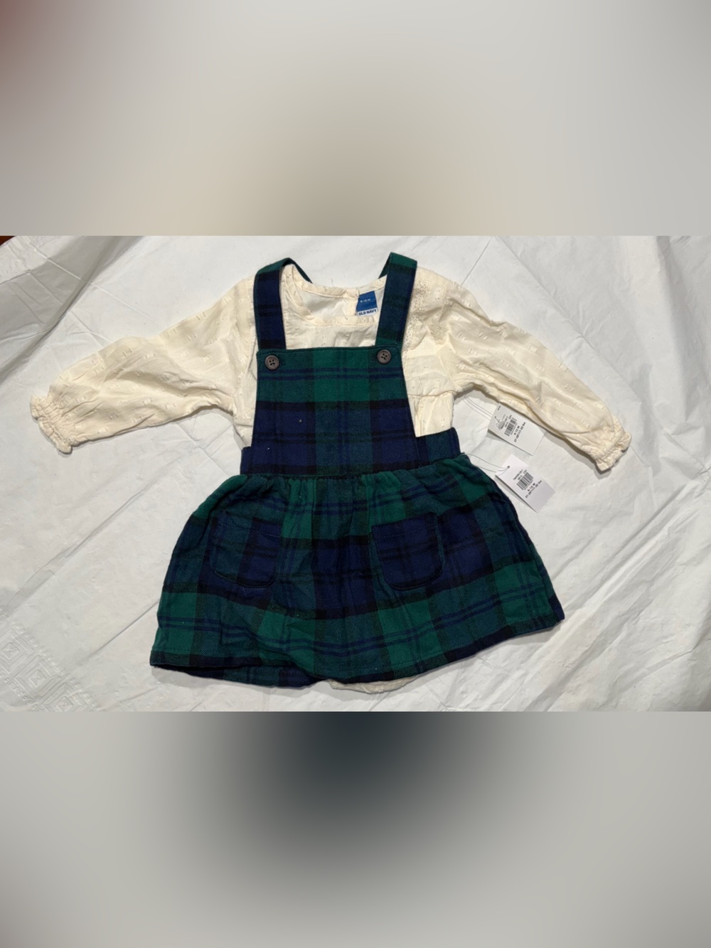 Old Navy Navy and Green Plaid Pinafore with Cream Blouse